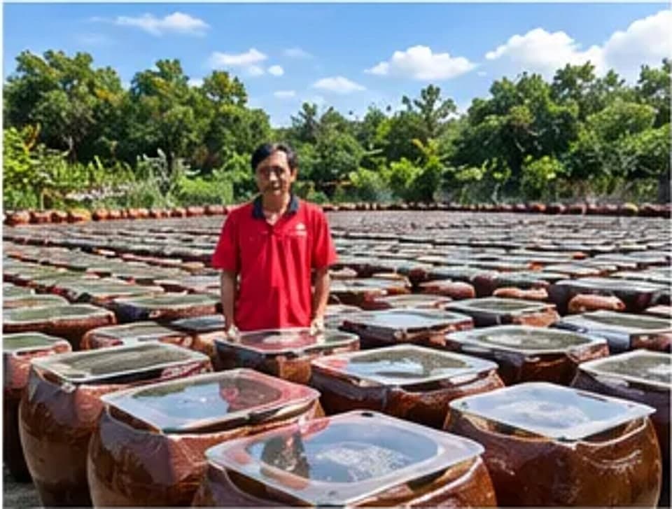 Người làm nước tương bên sân phơi lu