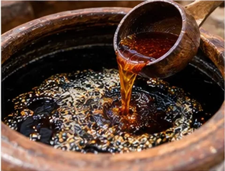 Múc nước tương trong lu sành